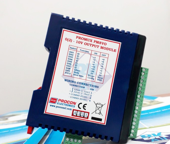 PM8VO: Module 8 AO tín hiệu điện áp dải 0-10V, có hỗ trợ Modbus RTU và cổng RS485